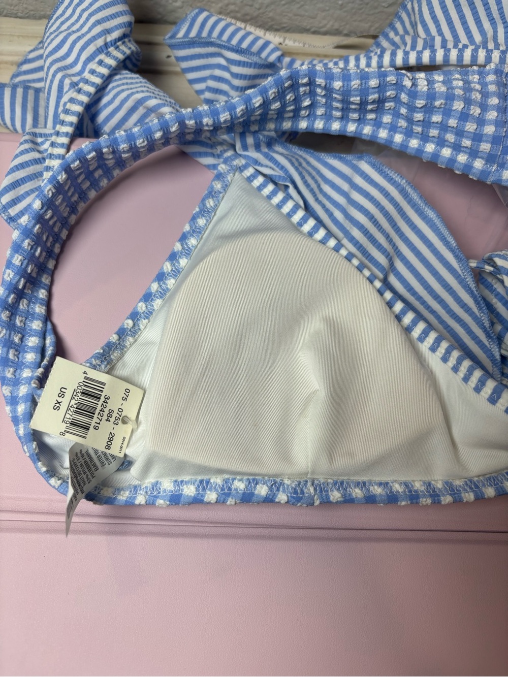 Aerie Blue/White Striped Seersucker Ruffle Bow 2-Piece Bikini Set S D Cup - Picture 5 of 5